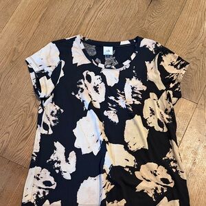 CAbi Black and Cream Floral Short Sleeve Top